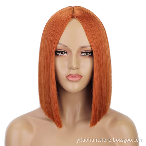 Heat Resistant Orange Red Colored Silky Straight Wig Colorful Middle Part Synthetic Hair Bob Wigs Copper Color Bobo Hair